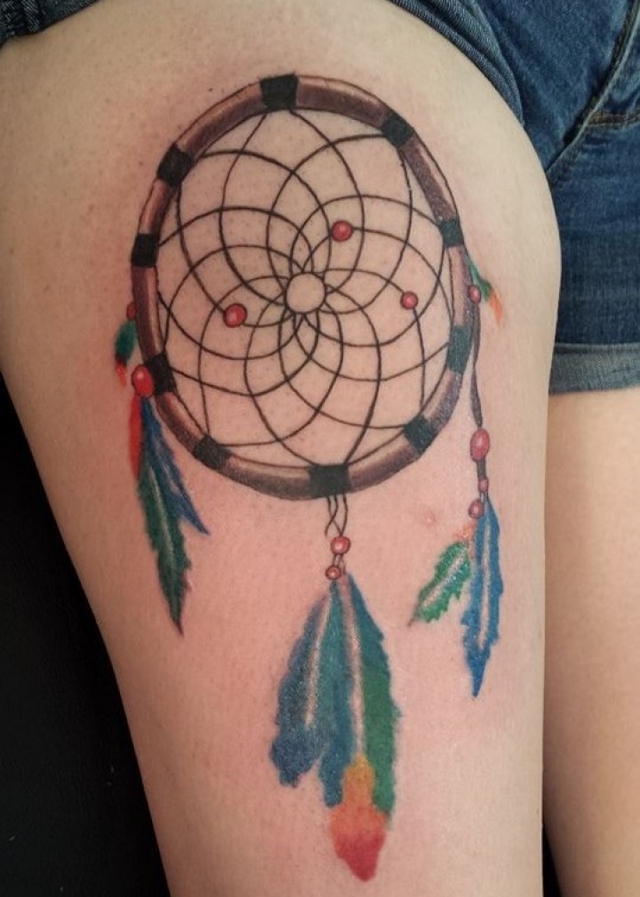 Colorful Dreamcatcher Tattoo On Girl Right Thigh