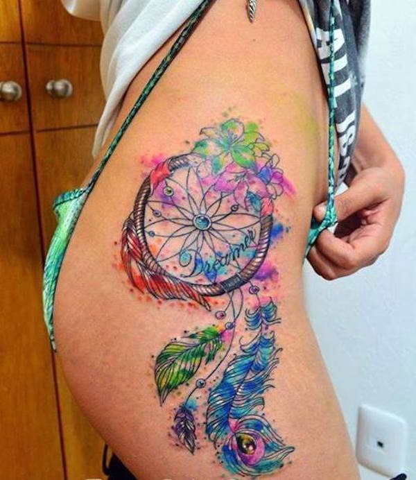 Colorful Dreamcatcher Tattoo On Girl Side Leg
