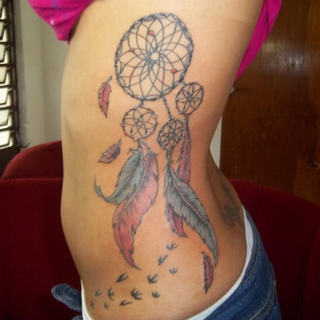 Colorful Dreamcatcher Tattoo On Girl Side Rib For Girls