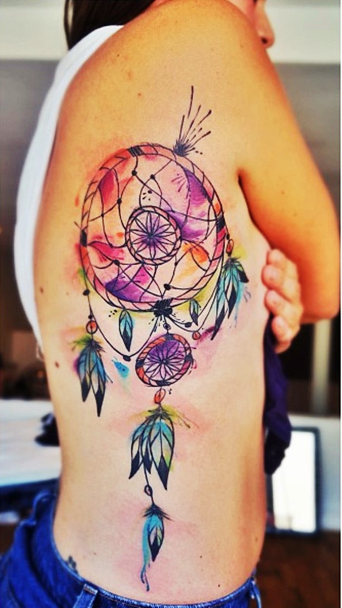 Colorful Dreamcatcher Tattoo On Girl Side Rib