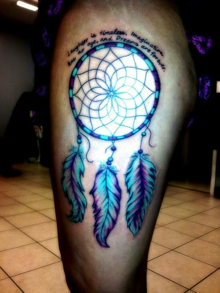 Colorful Dreamcatcher Tattoo On Left Leg