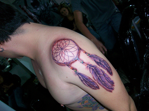 Colorful Dreamcatcher Tattoo On Left Shoulder