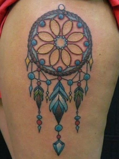Colorful Dreamcatcher Tattoo On Left Thigh
