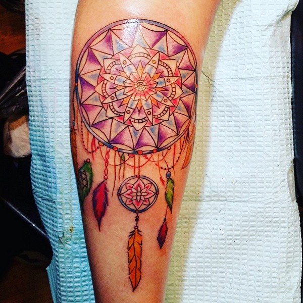 Colorful Dreamcatcher Tattoo On Leg