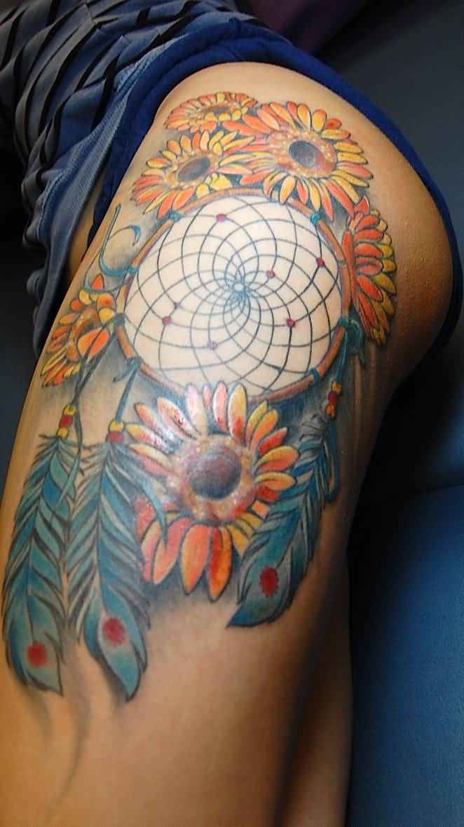 Colorful Dreamcatcher Tattoo On Leg Sleeve