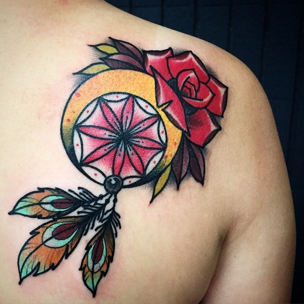 Colorful Dreamcatcher Tattoo On Right Back Shoulder