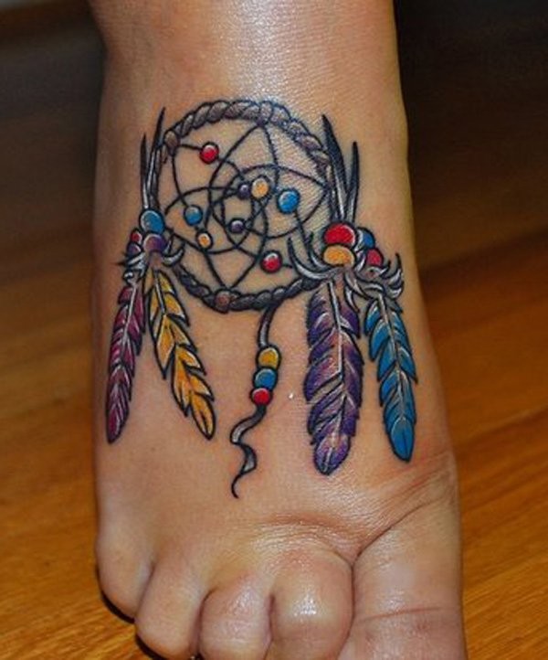 Colorful Dreamcatcher Tattoo On Right Foot