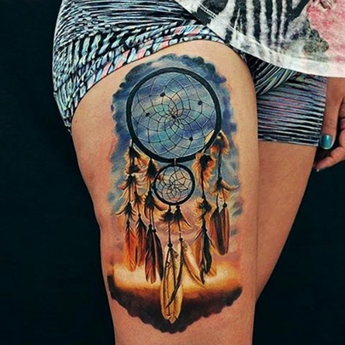 Colorful Dreamcatcher Tattoo On Right Thigh For Girls