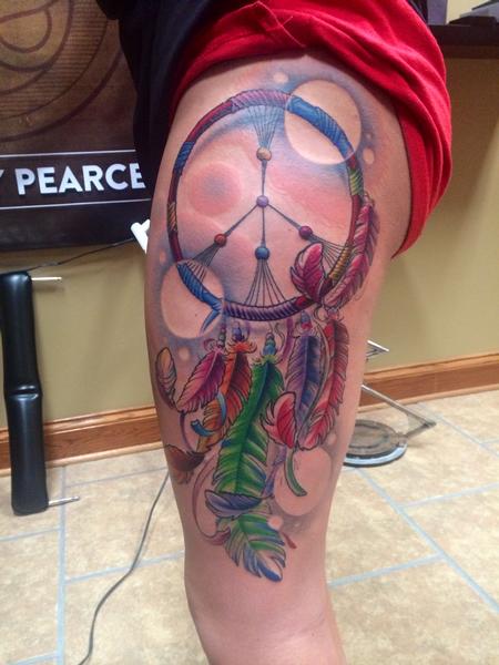 Colorful Dreamcatcher Tattoo On Side Leg
