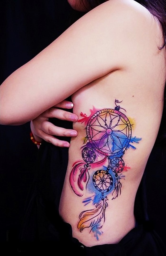 Colorful Dreamcatcher Tattoo On Side Rib For Girls