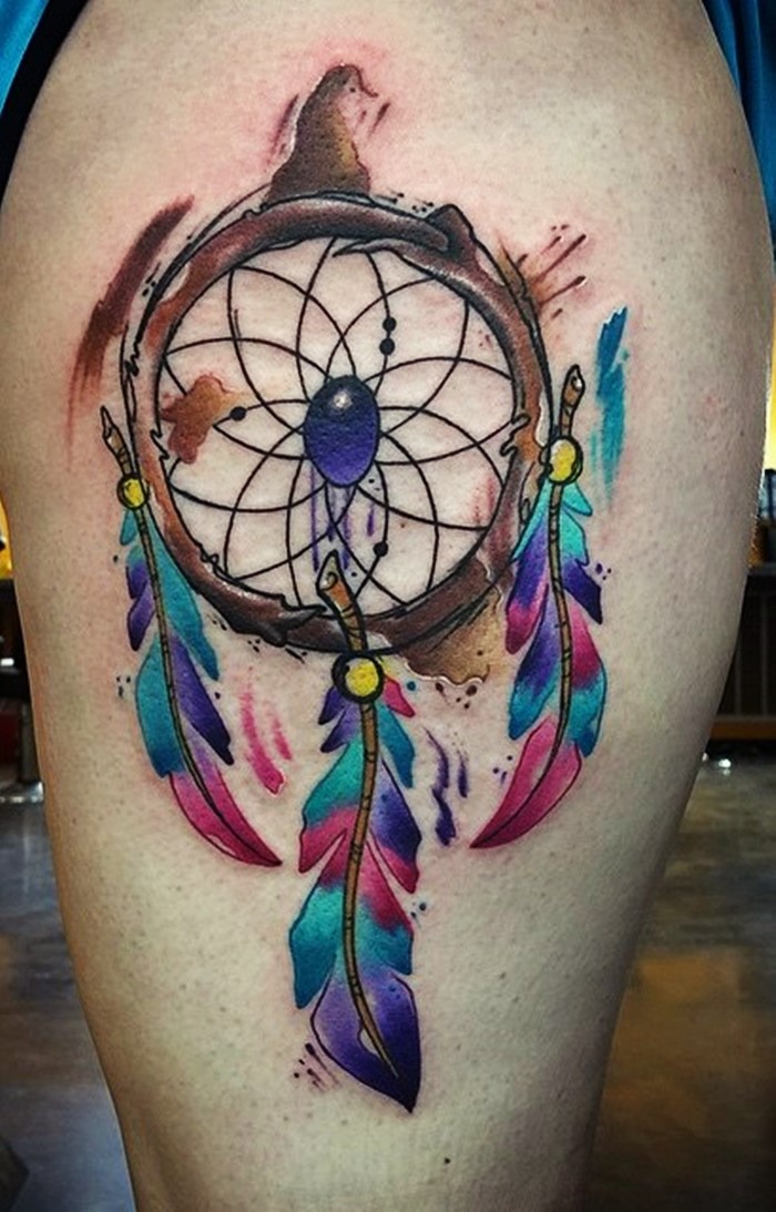 Colorful Dreamcatcher Tattoo On Thigh
