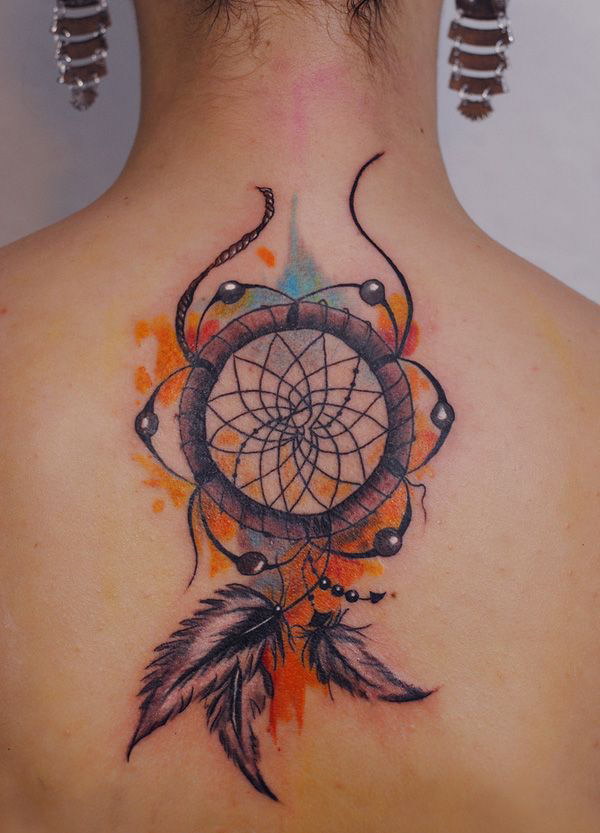 Colorful Dreamcatcher Tattoo On Upper Back For Young Girls