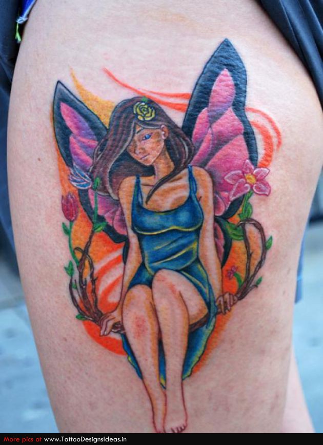 Colorful Fairy On Branch Tattoo On Left Side Thigh