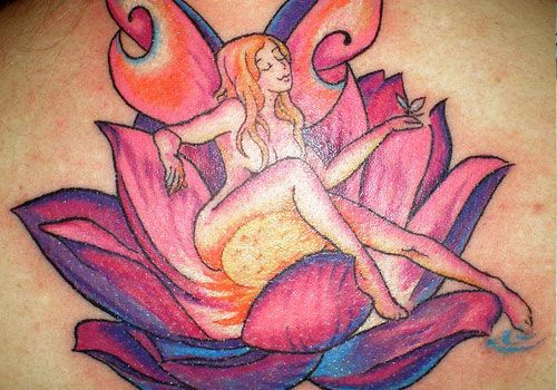 Colorful Fairy On Lotus Flower Tattoo Design