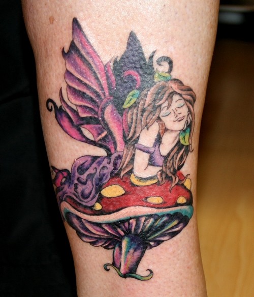 Colorful Fairy On Mushroom Tattoo Design For Sleeve