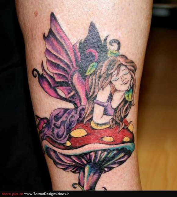 Colorful Fairy On Mushroom Tattoo On Right Half Sleeve