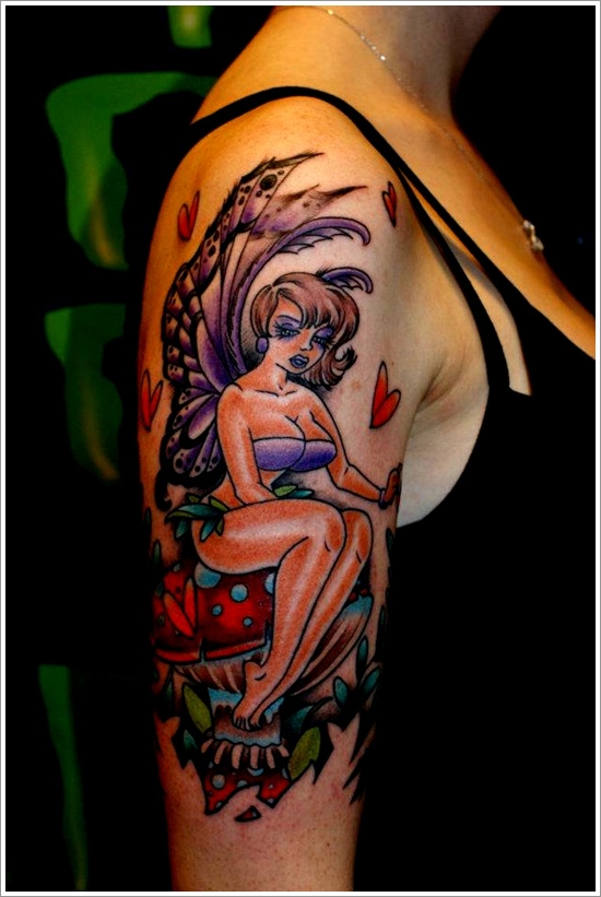 Colorful Fairy On Mushroom Tattoo On Women Right Half Sleeve