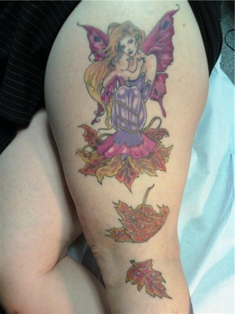 Colorful Fairy Tattoo On Left Full Leg