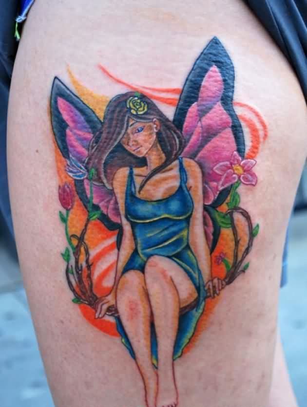 Colorful Fairy Tattoo On Left Side Thigh