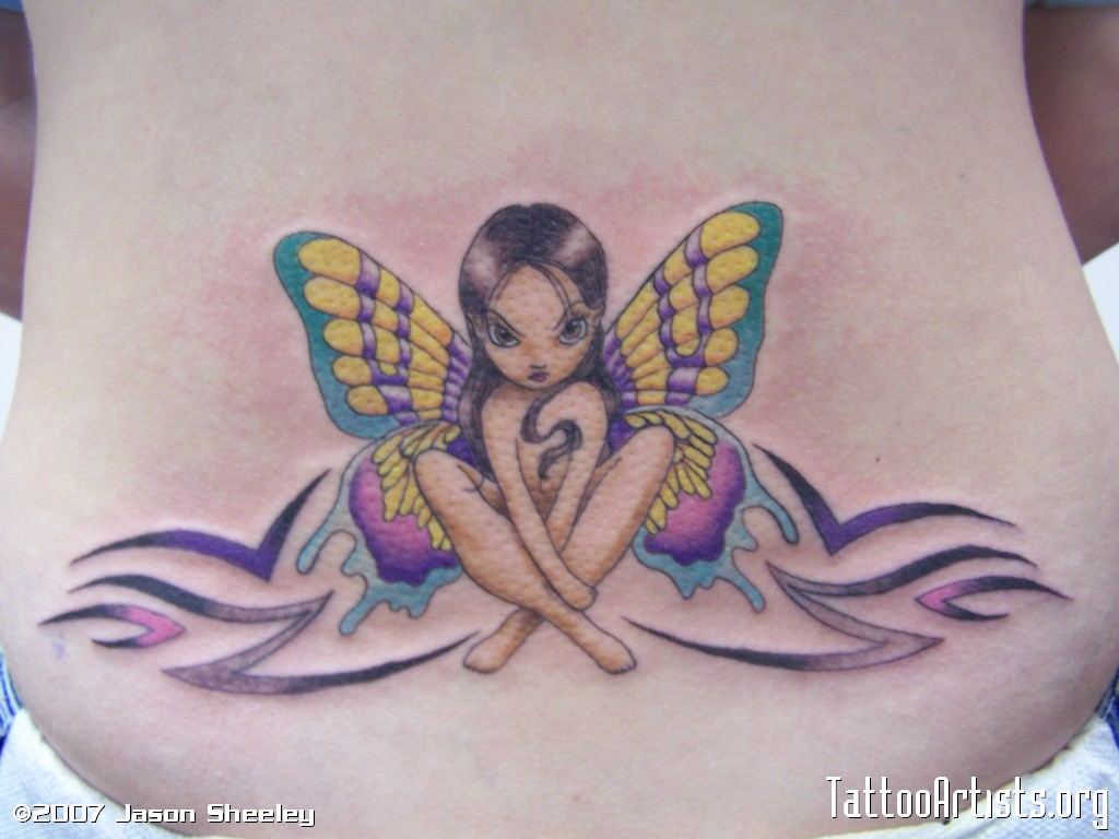 Colorful Fairy Tattoo On Lower Back