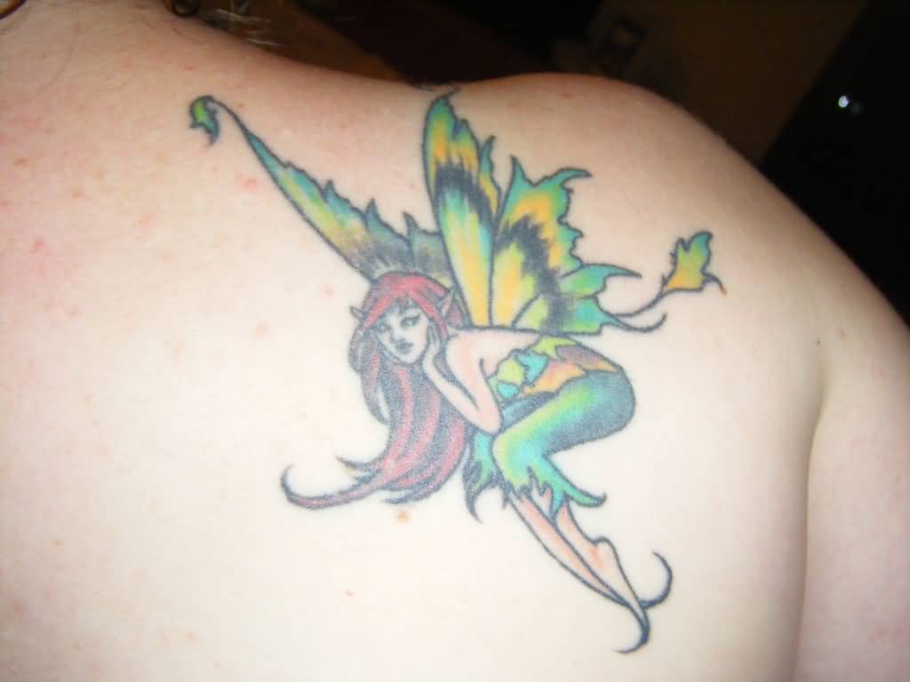 Colorful Fairy Tattoo On Right Back Shoulder