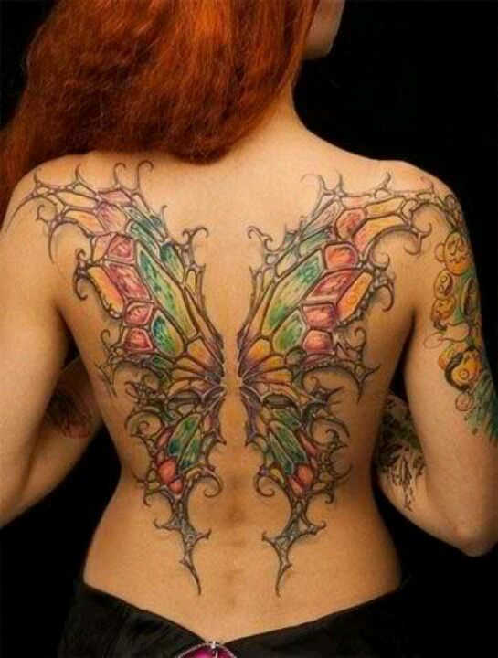 Colorful Fairy Wings Tattoo On Girl Full Back