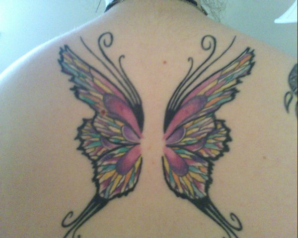 Colorful Fairy Wings Tattoo On Upper Back By Roguewyndwalker