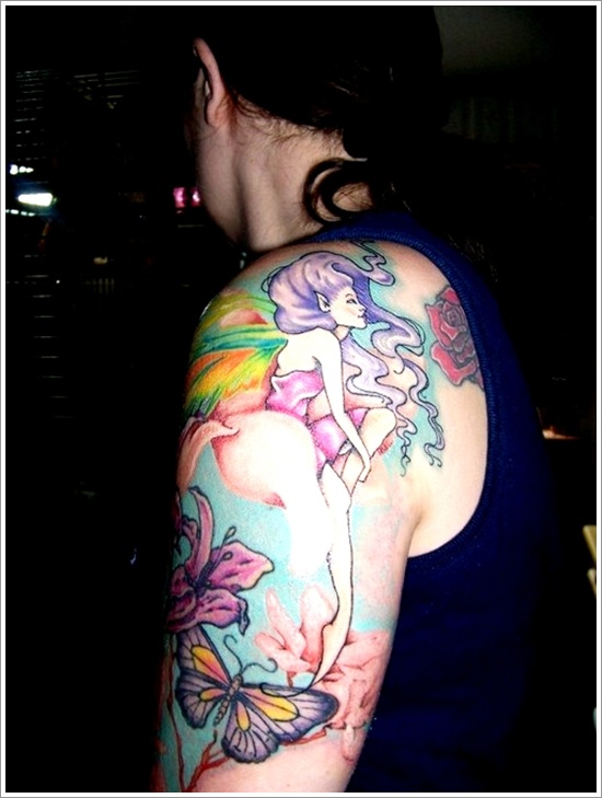 Colorful Fairy With Butterfly And Flower Tattoo On Women Left Half Sleeve