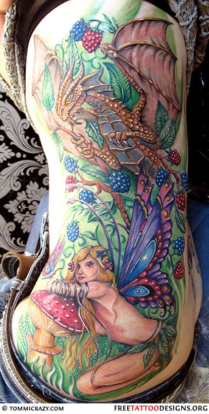 Colorful Fairy With Dragon Tattoo On Girl Left Side Rib
