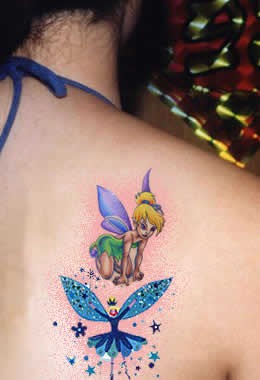 Colorful Fairy With Fairy Dust Tattoo On Girl Right Back Shoulder