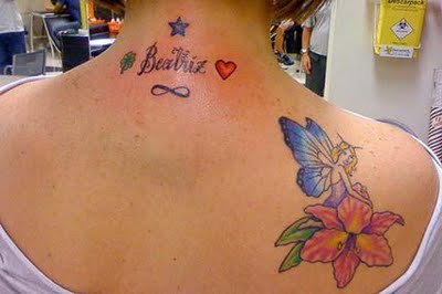 Colorful Fairy With Flower Tattoo On Right Back Shoulder