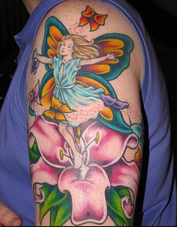 Colorful Fairy With Flower With Flying Butterflies Tattoo On Left Half Sleeve