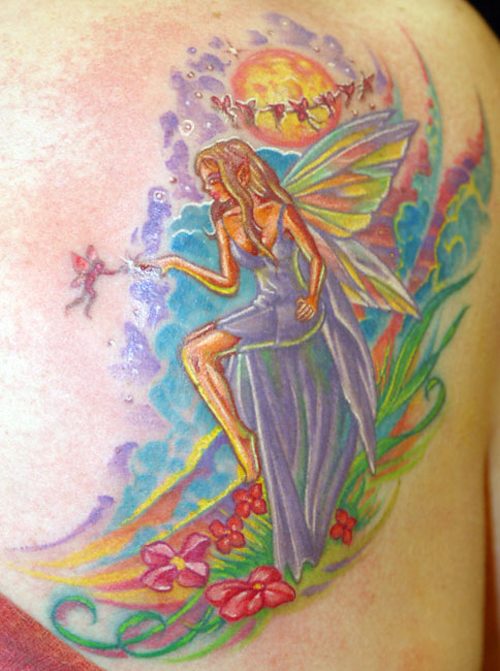 Colorful Fairy With Flowers Tattoo On Right Back Shoulder