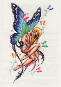Colorful Fairy With Flying Butterflies Tattoo Design