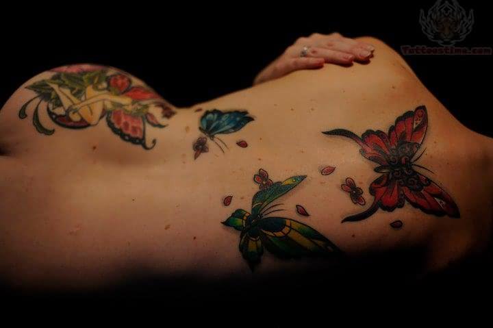 Colorful Fairy With Flying Butterflies Tattoo On Full Back