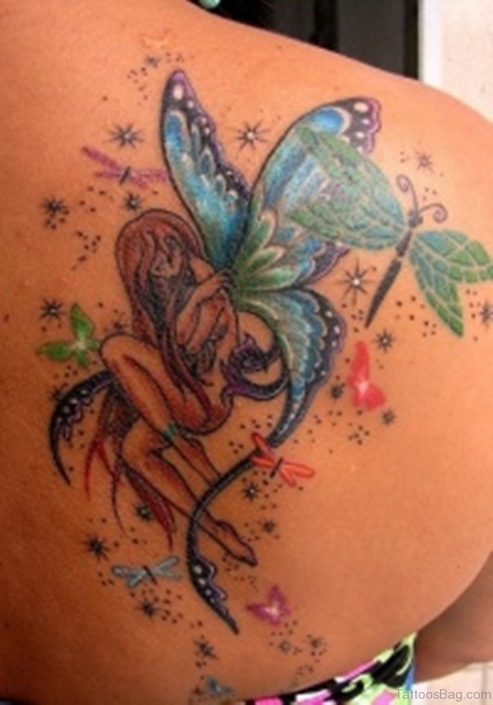 Colorful Fairy With Flying Butterflies Tattoo On Girl Right Back Shoulder