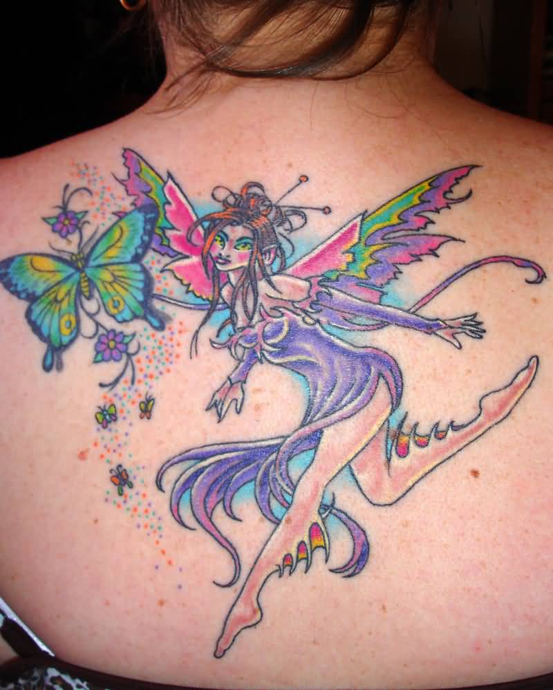 Colorful Fairy With Flying Butterflies Tattoo On Girl Upper Back