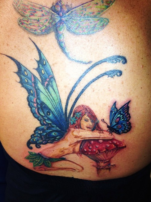 Colorful Fairy With Mushroom And Butterfly Tattoo Design