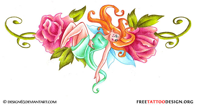 Colorful Fairy With Roses Tattoo Design