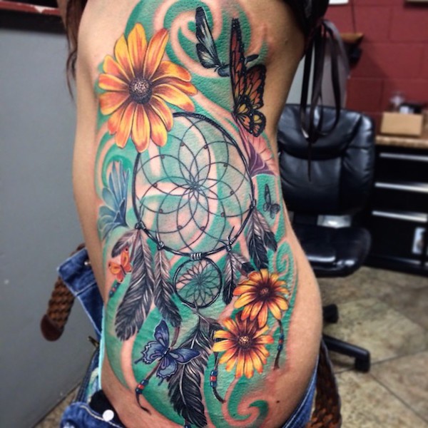Colorful Flowers And Dreamcatcher Tattoo On Side Rib