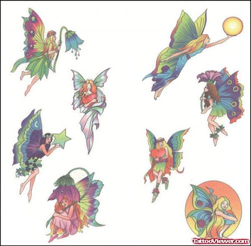 Colorful Flying Fairies Tattoo Flash