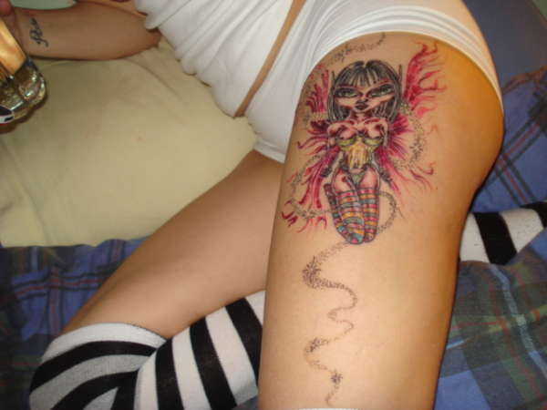 Colorful Gothic Fairy Tattoo On Girl Left Side Thigh