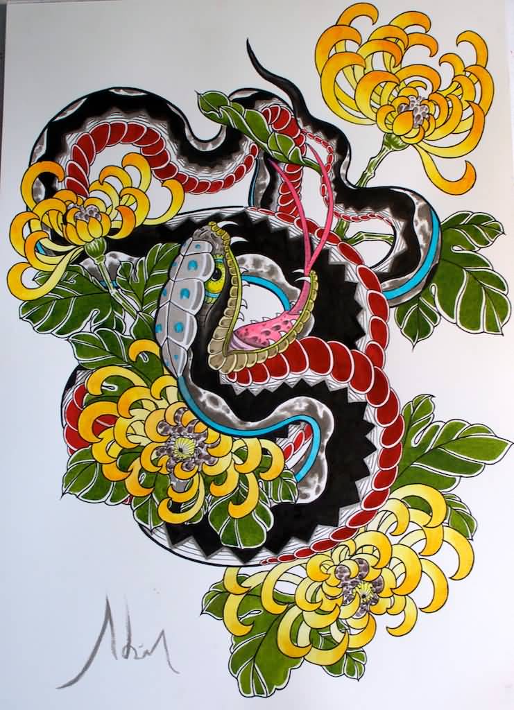 Colorful Japanese Snake With Flowers Tattoo Design