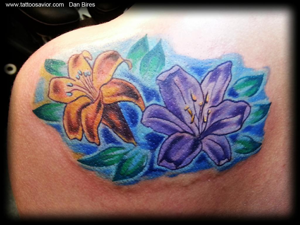 Colorful Lily Flowers Cover Up Tattoo On Left Back Shoulder By Dan Bires