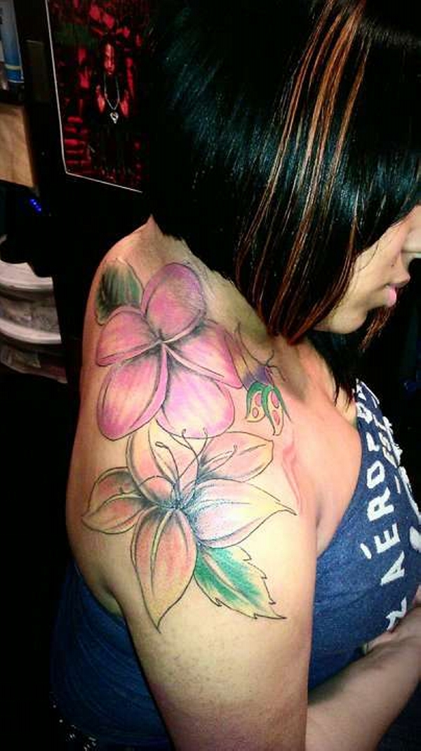 Colorful Lily Flowers Tattoo On Girl Right Shoulder