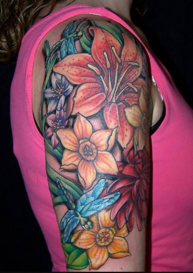 Colorful Lily Flowers With Flying Dragonfly Tattoo On Women Right Shoulder