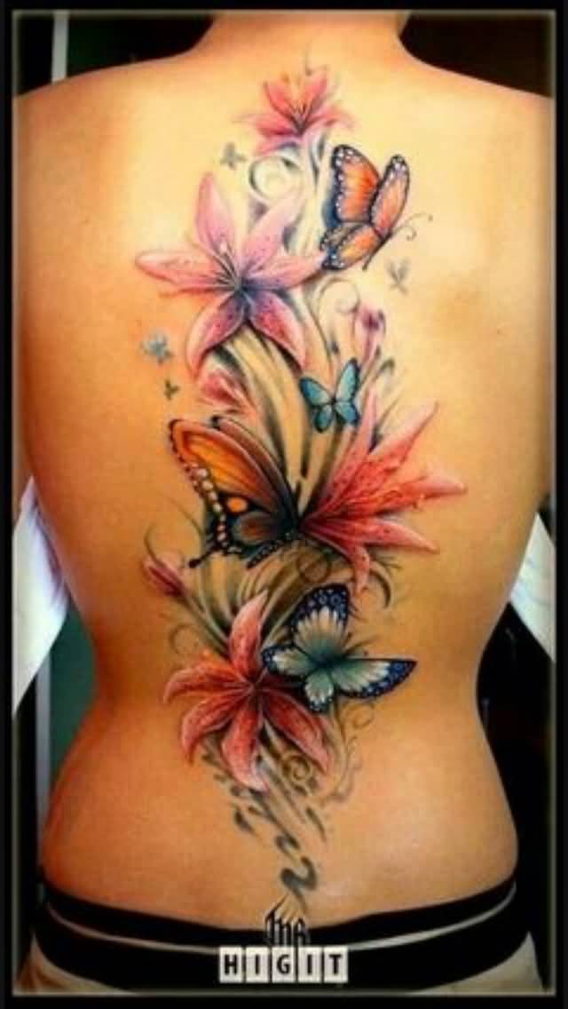 Colorful Lily With Butterflies Cover Up Tattoo On Full Back