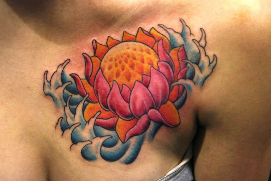 Colorful Lotus Flower In Water Tattoo On Left Front Shoulder
