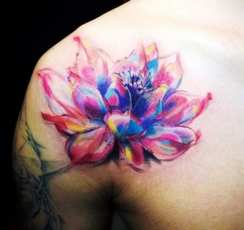 Colorful Lotus Flower Tattoo On Left Back Shoulder