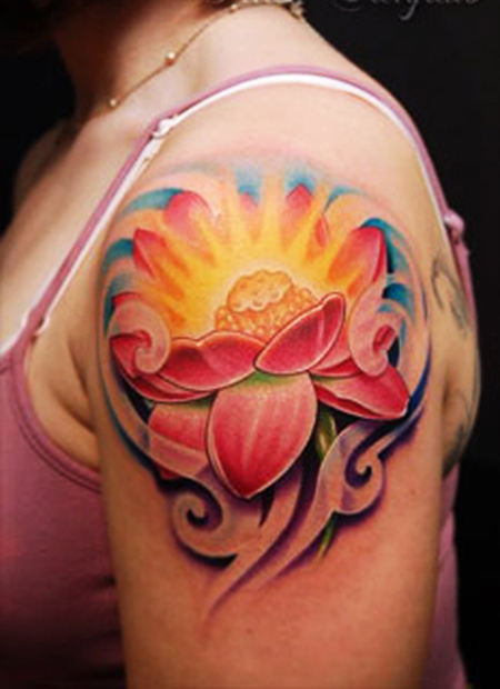 Colorful Lotus Flower Tattoo On Left Shoulder
